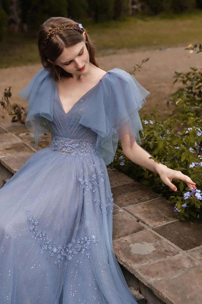Langes A-Linien-Ballkleid aus blauem Tüll, süßes Abend- und Partykleid mit V-Ausschnitt nv1594