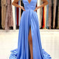 Robe de bal longue en satin à col en V simple, robe de soirée trapèze avec fente nv1562