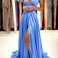 Robe de bal longue en satin à col en V simple, robe de soirée trapèze avec fente nv1562