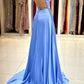 Robe de bal longue en satin à col en V simple, robe de soirée trapèze avec fente nv1562