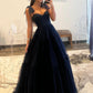 Marineblaues Ballkleid in A-Linie aus gepunktetem Tüll, A-Linie, herzförmiger Ausschnitt, Schleife an den Schultern, Abendkleid nv1423