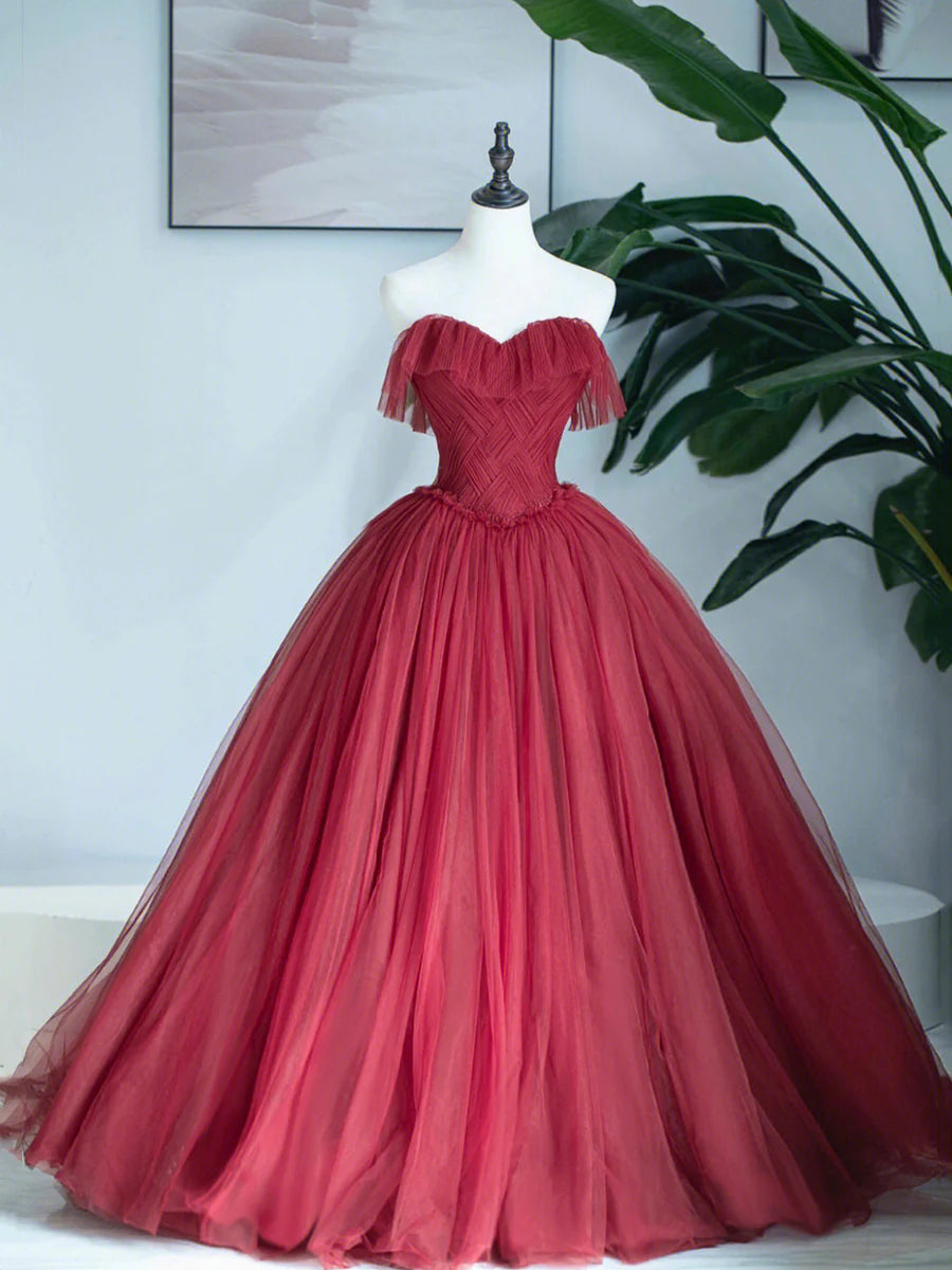 Robe longue de soirée bordeaux à décolleté en cœur, robe de soirée trapèze sans bretelles nv1586