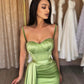 Spaghetti Straps Pleats High Split Long Prom Dress, Green Evening Party Dress nv1449