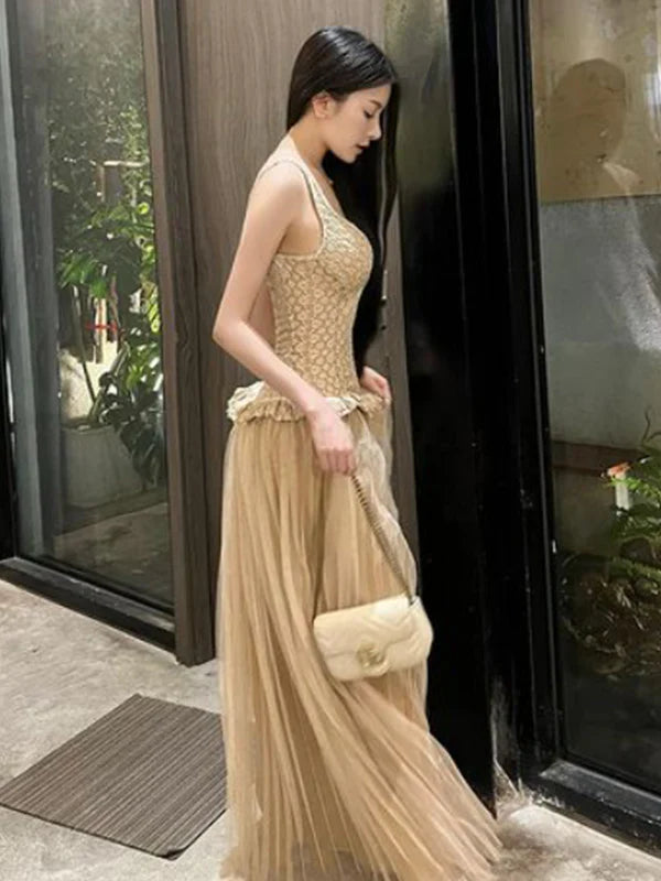 Champagner Elegantes Rundhalsausschnitt Ärmelloses Meerjungfrau Langes Chiffon Ballkleid Abendkleid Partykleid nv3748