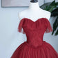 Robe longue de soirée bordeaux à décolleté en cœur, robe de soirée trapèze sans bretelles nv1586