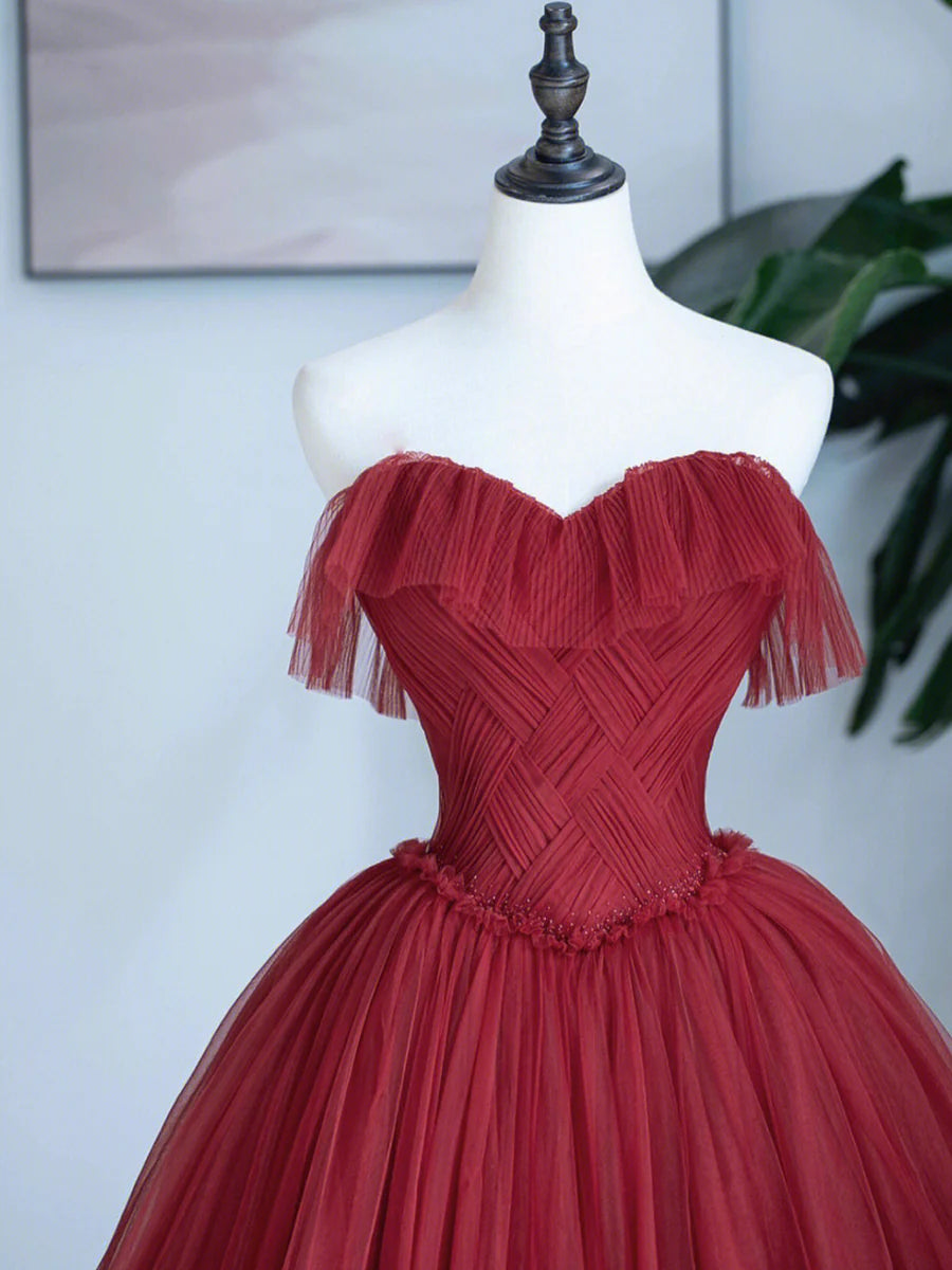 Robe longue de soirée bordeaux à décolleté en cœur, robe de soirée trapèze sans bretelles nv1586
