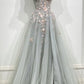 Graues trägerloses langes A-Linien-Ballkleid aus Spitze, Abschlusskleid nv1576