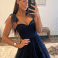 Marineblaues Ballkleid in A-Linie aus gepunktetem Tüll, A-Linie, herzförmiger Ausschnitt, Schleife an den Schultern, Abendkleid nv1423