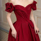 Burgundy short sleeve sweetheart neckline elegant A-line long satin ball gown evening dress nv3211