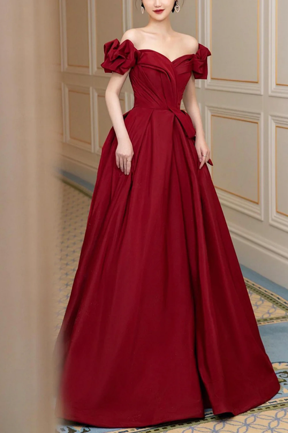 Burgundy short sleeve sweetheart neckline elegant A-line long satin ball gown evening dress nv3211