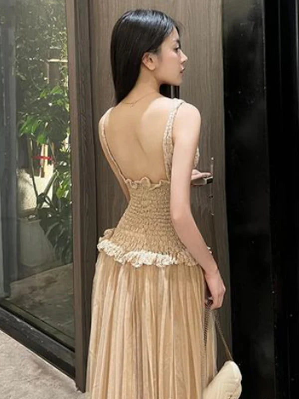 Champagner Elegantes Rundhalsausschnitt Ärmelloses Meerjungfrau Langes Chiffon Ballkleid Abendkleid Partykleid nv3748
