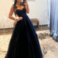 Marineblaues Ballkleid in A-Linie aus gepunktetem Tüll, A-Linie, herzförmiger Ausschnitt, Schleife an den Schultern, Abendkleid nv1423
