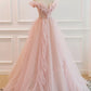 Robe de bal longue en tulle rose, robe de remise de diplôme en coupe A nv1457