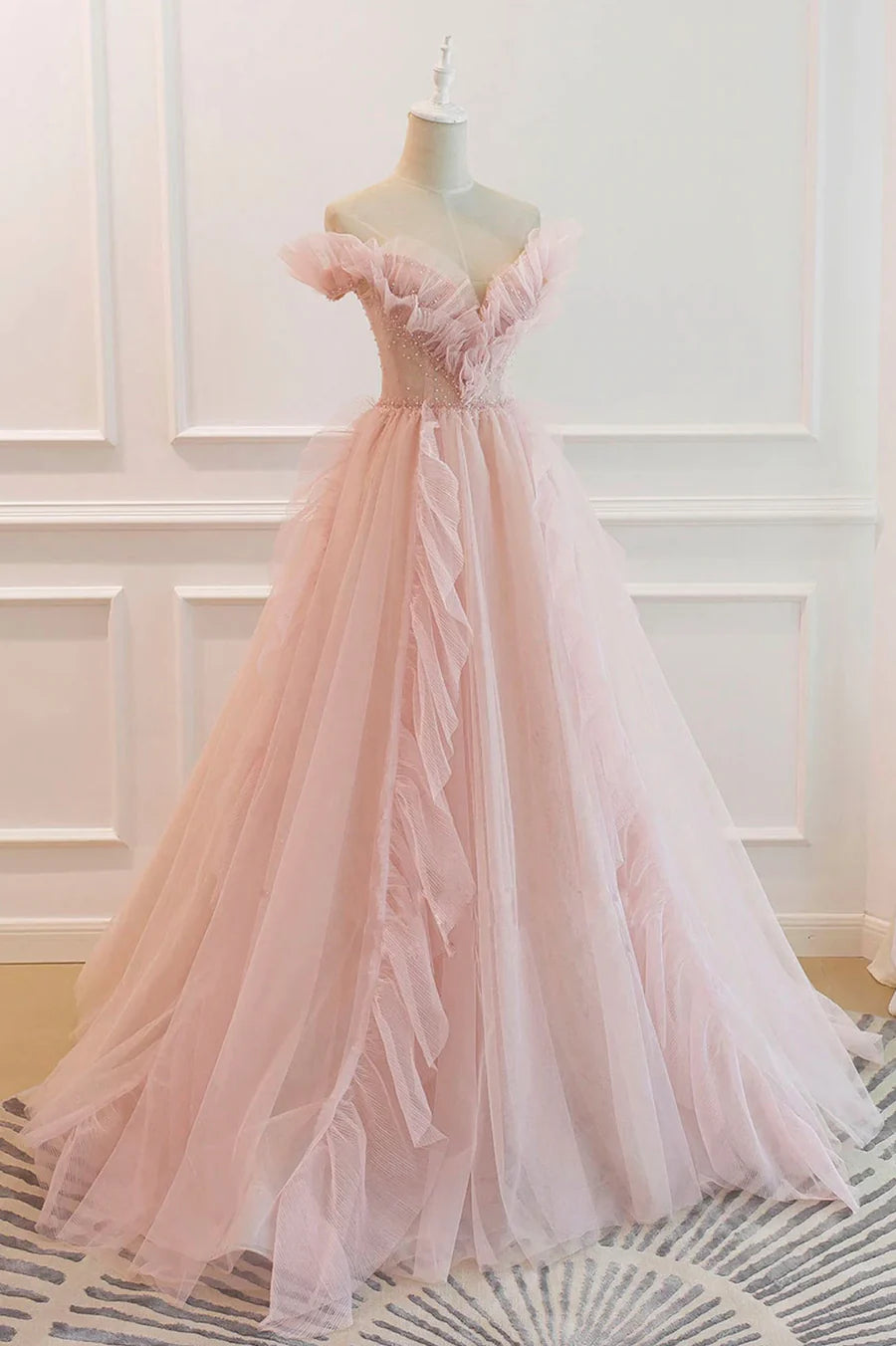 Robe de bal longue en tulle rose, robe de remise de diplôme en coupe A nv1457