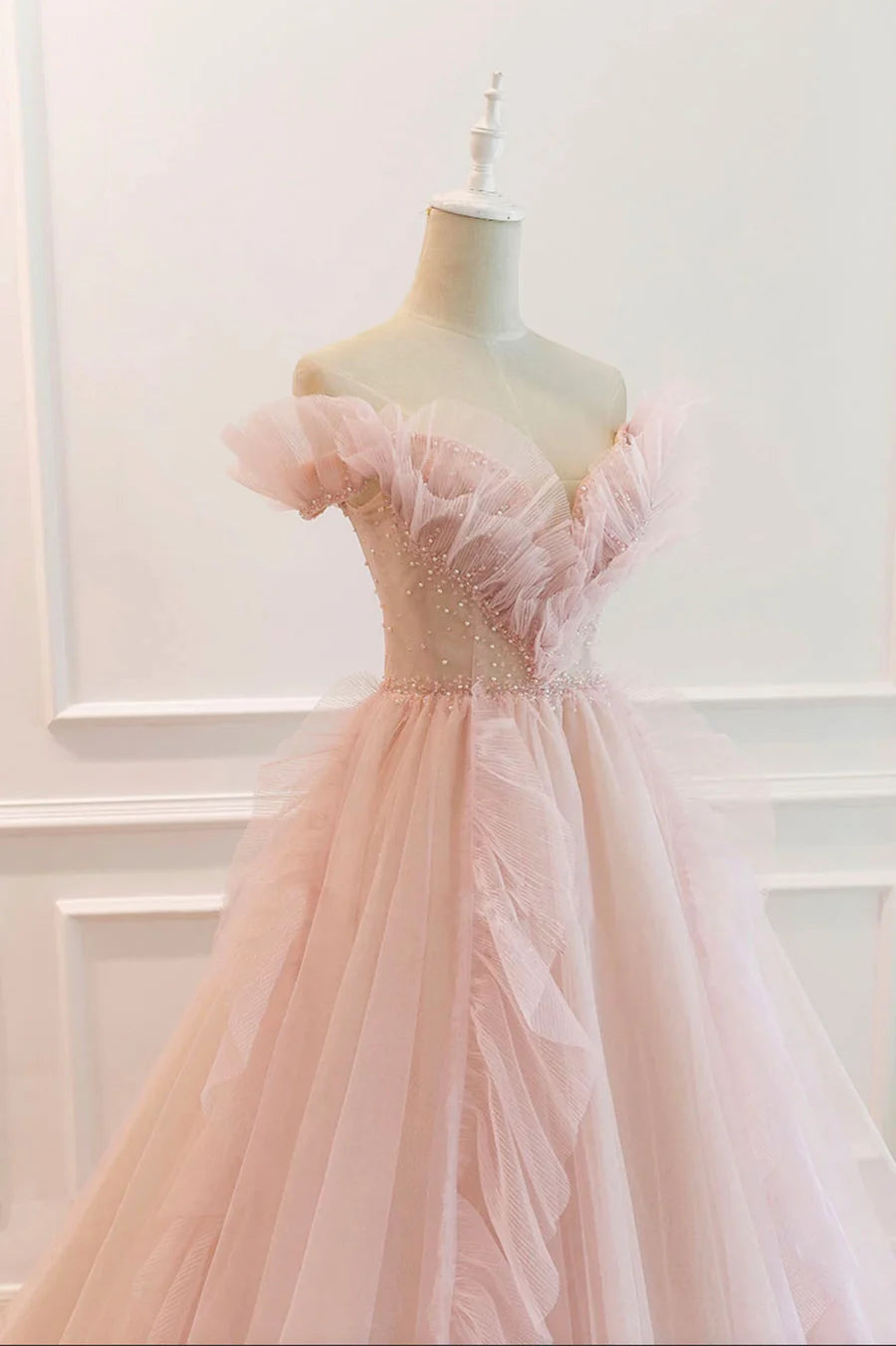 Robe de bal longue en tulle rose, robe de remise de diplôme en coupe A nv1457