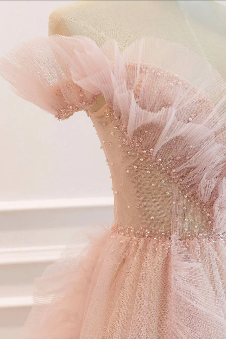 Robe de bal longue en tulle rose, robe de remise de diplôme en coupe A nv1457