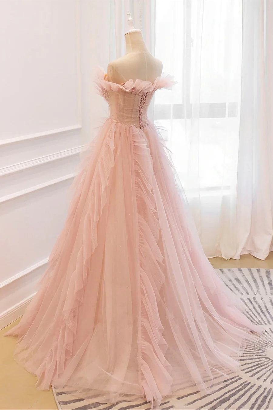 Robe de bal longue en tulle rose, robe de remise de diplôme en coupe A nv1457
