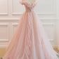 Robe de bal longue en tulle rose, robe de remise de diplôme en coupe A nv1457