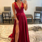 Robe de bal longue en satin bordeaux à col en V, robe de soirée simple en coupe A nv1448