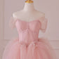 Pink Tulle Lace Long Prom Dress, Off the Shoulder Evening Dress nv1575