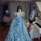 Langes, blaues Tüllkleid mit Blumenmuster NV6652