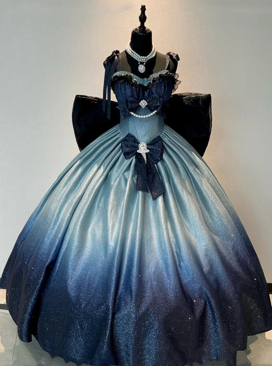 Blaues, glänzendes Retro-Mode-Farbverlauf-Trägerkleid mit Schleife und herzförmigem Ausschnitt, verziert, lang, bodenlang, Satin, Prinzessinnen-Ballkleid, Abendkleid, Geburtstagskleid, nv4136