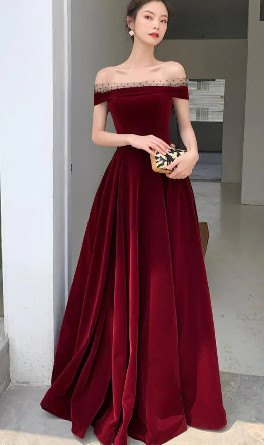 Elegantes burgunderfarbenes A-Linien-Partykleid aus Samt mit Schleife und bodenlangem Rock, tiefrotes Abendkleid, Ballkleid nv1792