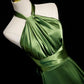 Grünes, weiches Satin-Neckholder-Abendkleid, langes Partykleid, grünes A-Linien-Ballkleid nv1593