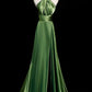 Grünes, weiches Satin-Neckholder-Abendkleid, langes Partykleid, grünes A-Linien-Ballkleid nv1593