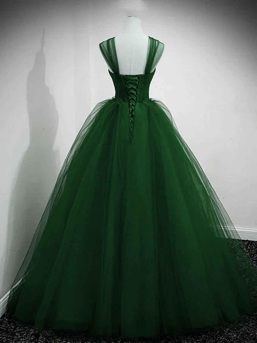 Robe de soirée longue en tulle vert avec perles et décolleté en cœur, coupe trapèze, robe de bal, nv2145
