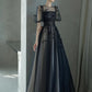 Black Elegant Tulle Puffy Short Sleeve A-Line Long Ball Gown Evening Dress Party Dress nv2479