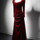 Burgunderrotes, langärmliges, langes A-Linien-Ballkleid aus Samt für Hochzeiten, Partys und Abende nv2154