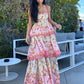 A-Line Floral Print Halter Long Prom Gown Tiered Formal Party Dress Maxi Dress nv2675