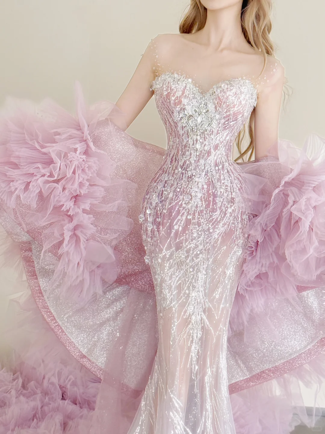 Pink Strapless Sequin Mermaid Gown 3D Cloud Tulle Train with Cape  NV7182