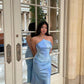 Light blue sexy elegant sling mermaid long sleeve popular fashion long evening dress birthday party dress sling medium length simple prom dress nv2390