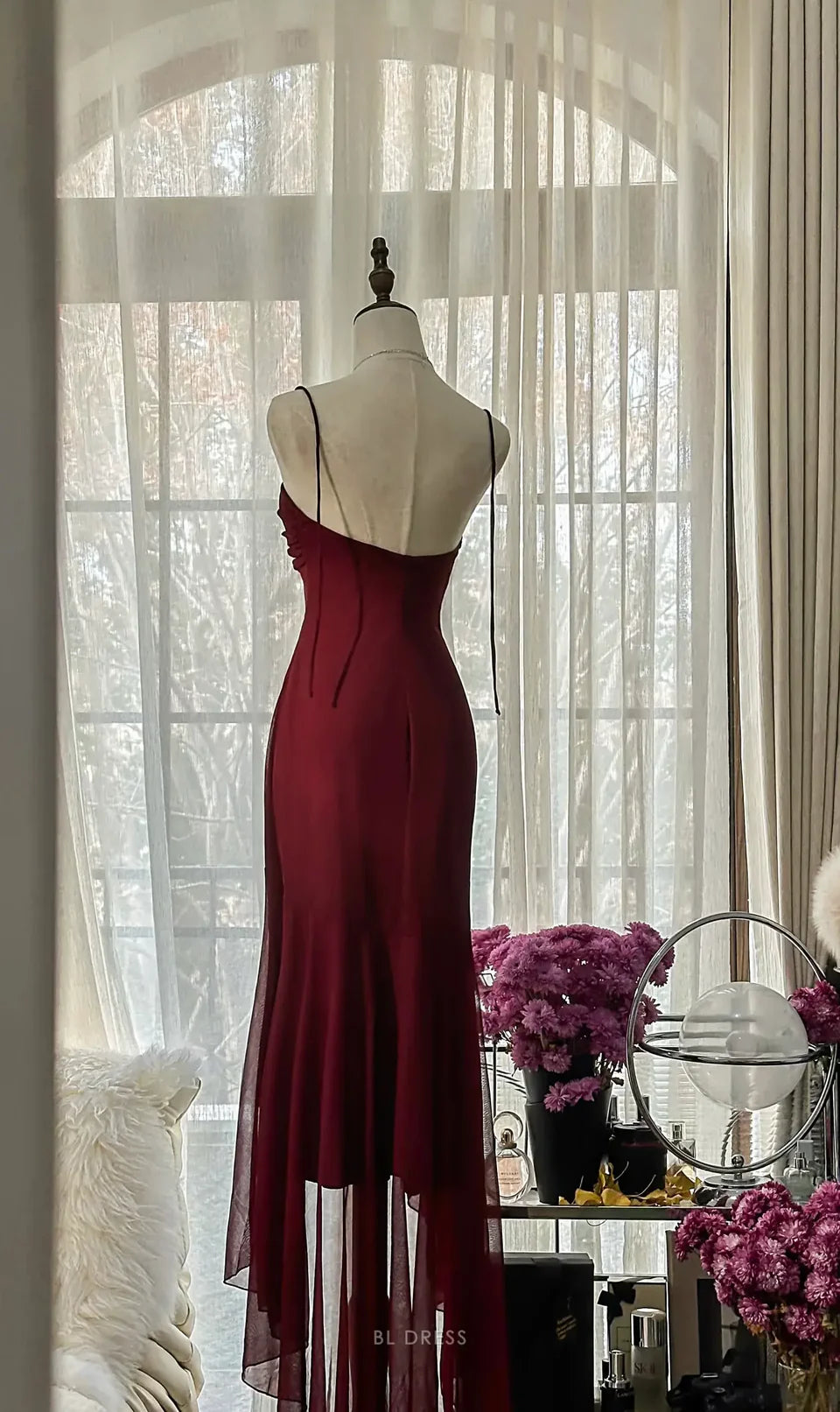 Robe de soirée sirène bordeaux élégante en mousseline de soie, longue, robe de bal, robe de demoiselle d'honneur, robe de bal, robe de fête d'anniversaire, nv3948