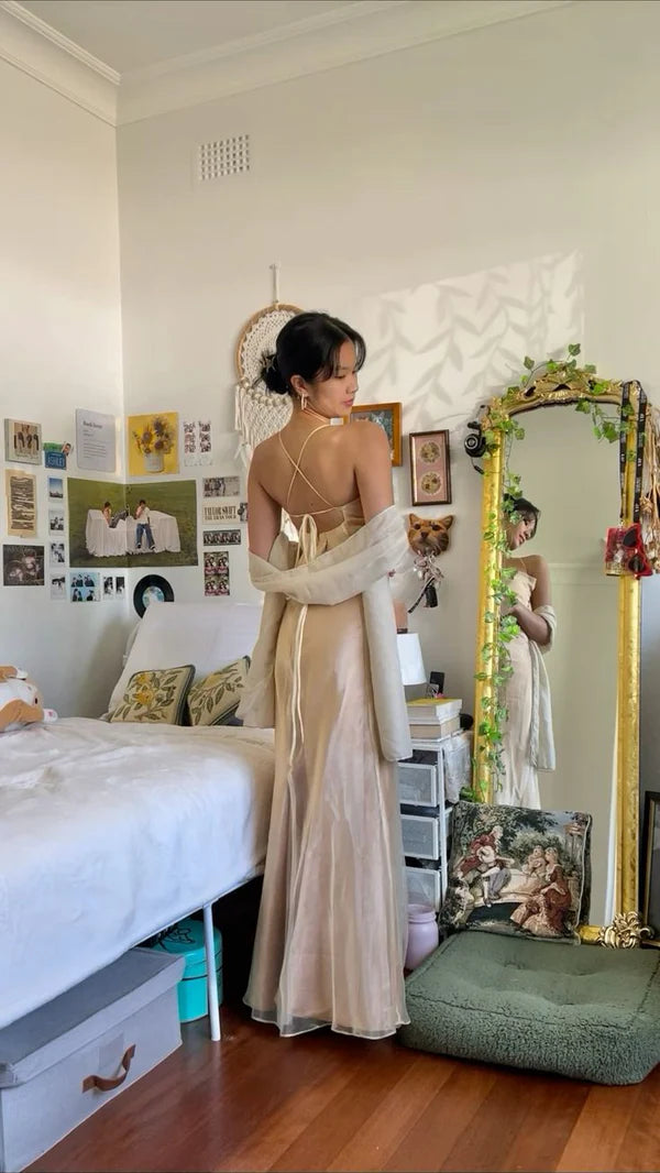 Robe de soirée longue rétro dos nu couleur champagne robe de bal robe de soirée nv1930