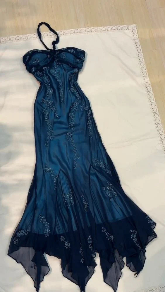 Robe de soirée longue en mousseline de soie, élégante et exquise, dos nu, avec perles, bleu, nv3665