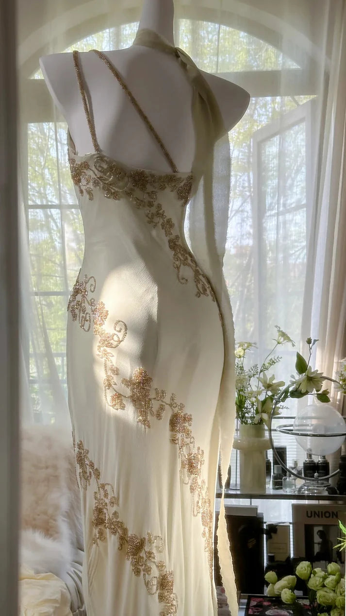 Robe de soirée vintage asymétrique en mousseline de soie, longue, ivoire, à perles, style vintage, robe de bal, robe de cocktail, robe de soirée, robe de bal, nv4904
