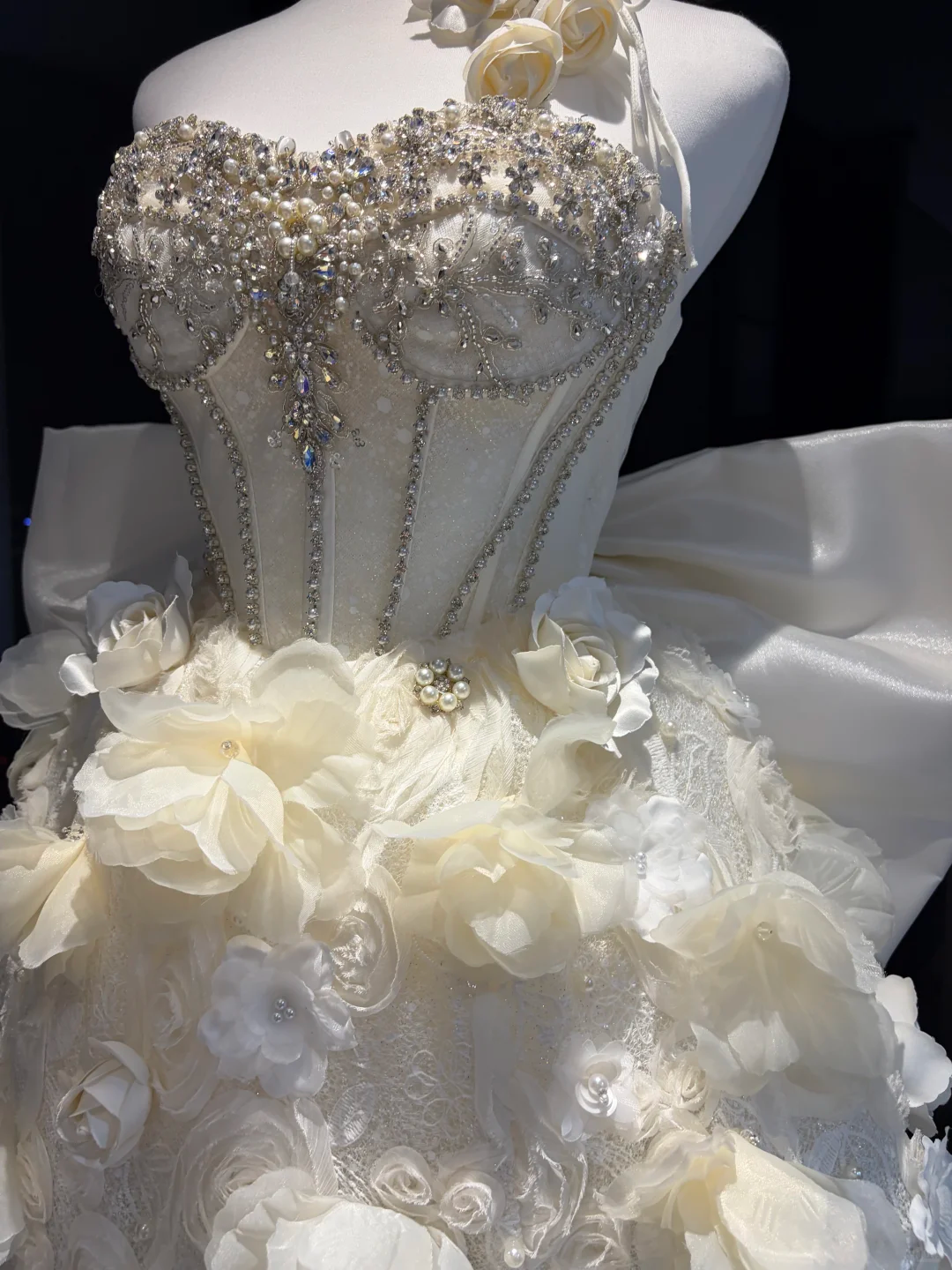 Ivory Strapless Short Corset Formal Gown 3D Floral Rhinestone Pearl Chain Homecoming Dress  NV6953