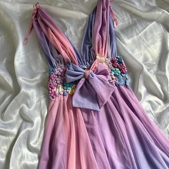NiceVestidos – Gradient Homecoming-Kleid, Lila, Rosa, modisch, Gradient, exquisites Blumenmuster, kurzes Chiffon-Blumenfeenkleid, Elfenkleid, Nv5582