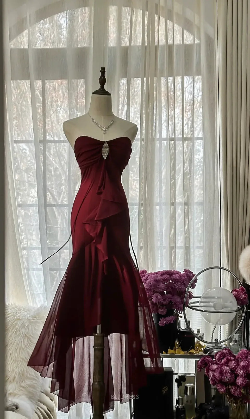 Robe de soirée sirène bordeaux élégante en mousseline de soie, longue, robe de bal, robe de demoiselle d'honneur, robe de bal, robe de fête d'anniversaire, nv3948