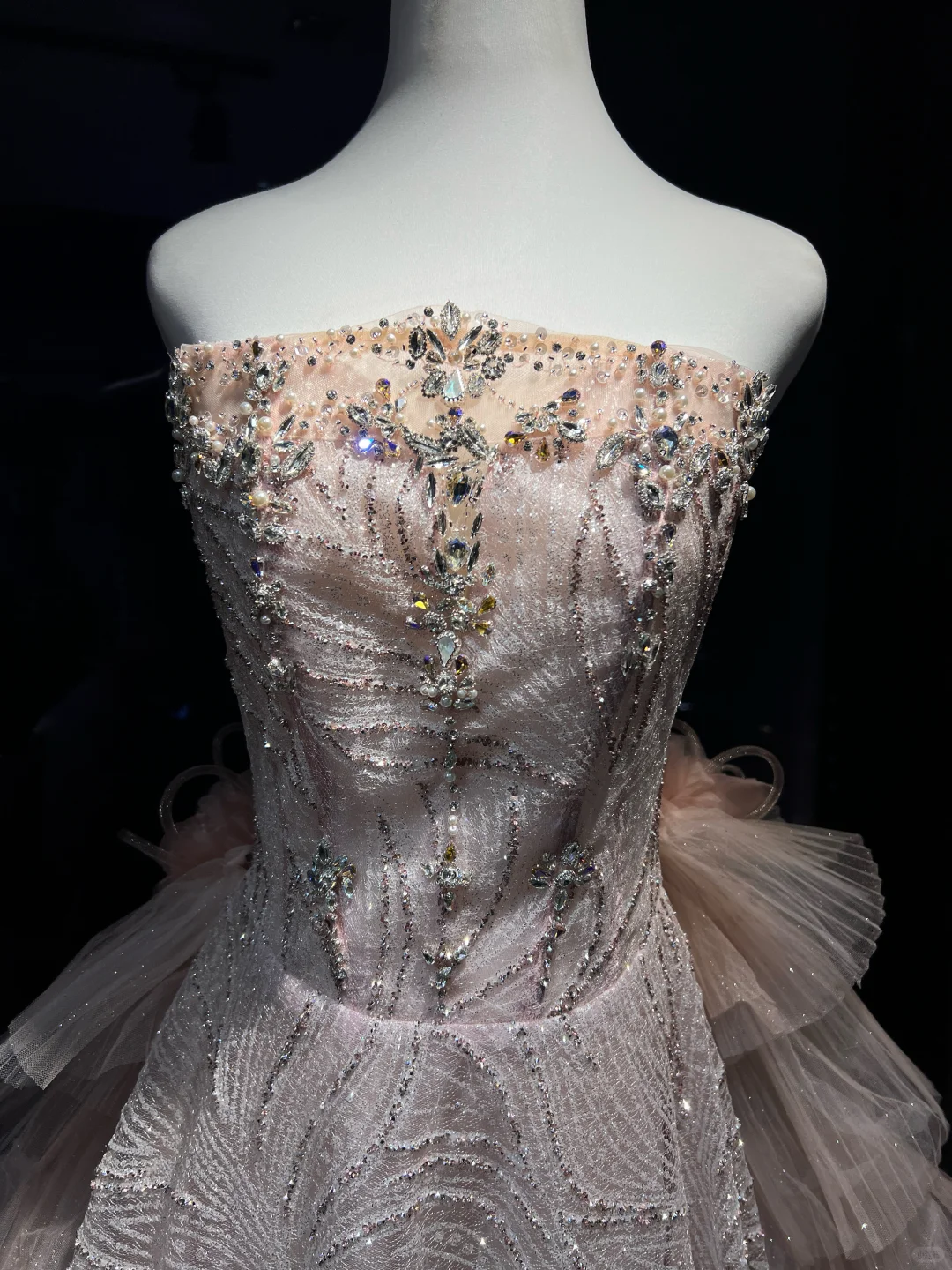 Blush Ombre Sequin Tulle Long Evening Gown Off The Shoulder Tiered Ruffle Ball Gown Prom Dress  NV7074