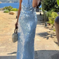 Glitzernde Pailletten Blau Neckholder Rückenfrei Meerjungfrau Langes Abendkleid, Ballkleid nv5338