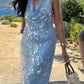 Glitzernde Pailletten Blau Neckholder Rückenfrei Meerjungfrau Langes Abendkleid, Ballkleid nv5338