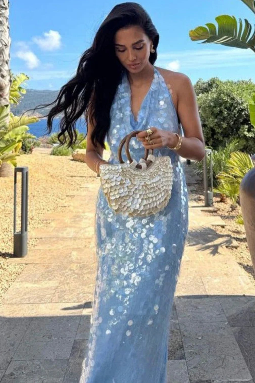 Glitzernde Pailletten Blau Neckholder Rückenfrei Meerjungfrau Langes Abendkleid, Ballkleid nv5338