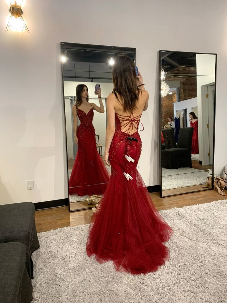 Robe de soirée longue rouge brillante, élégante et charmante, col en V, en tulle, dos perlé, à lacets, robe de bal, robe de soirée, robe de bal nv3995