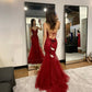 Robe de soirée longue rouge brillante, élégante et charmante, col en V, en tulle, dos perlé, à lacets, robe de bal, robe de soirée, robe de bal nv3995