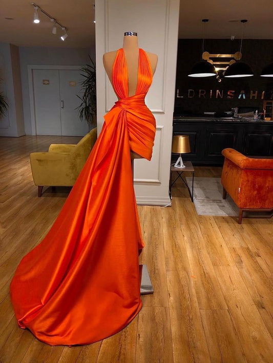 Orange V-neck fashion long and short sexy elegant trailing ball gown evening dress nv3276