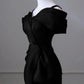 Robe de soirée sirène noire à épaules dénudées et décolleté en cœur, robe de soirée en satin noir nv1660